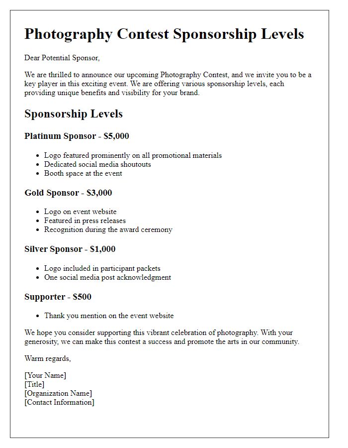 Letter template of sponsorship levels for photography contest