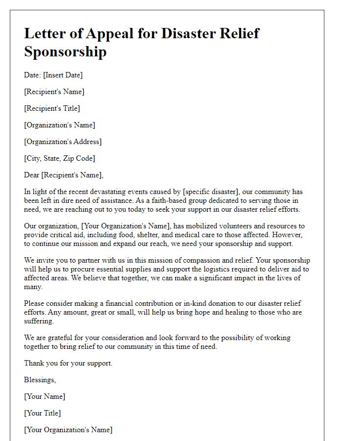 Letter template of disaster relief sponsorship appeal for faith-based groups.