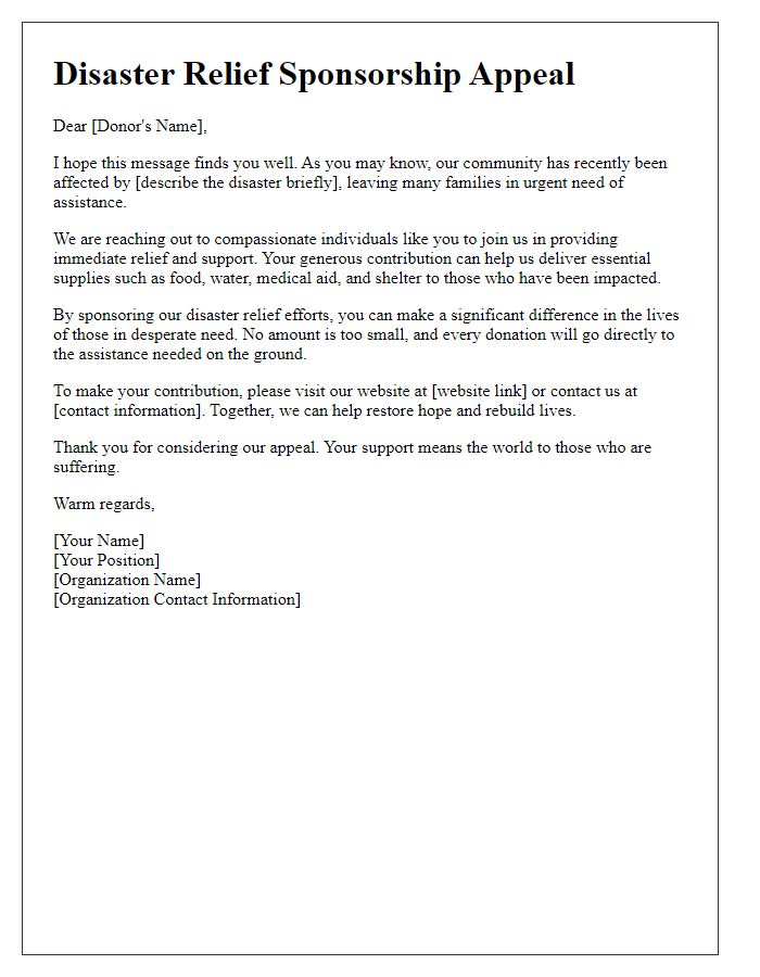 Letter template of disaster relief sponsorship appeal for individual donors.