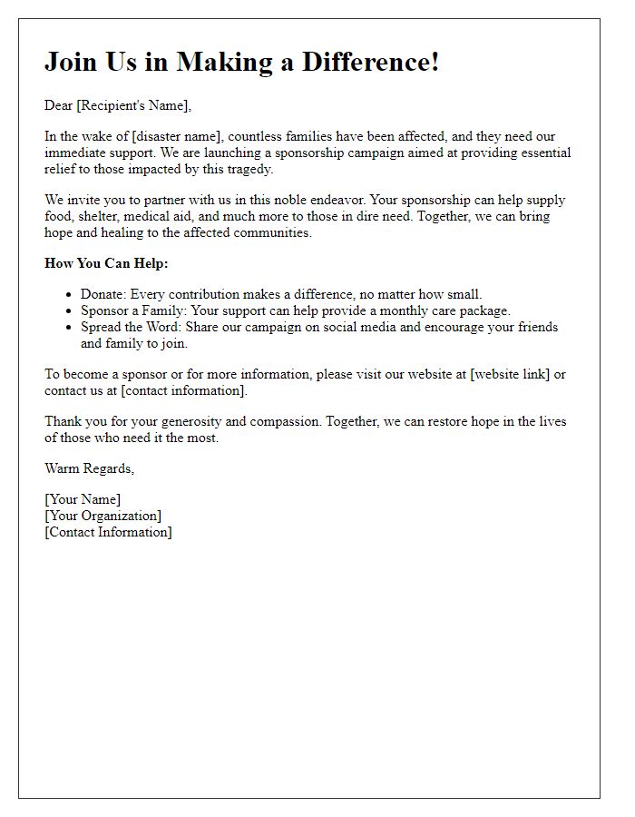 Letter template of disaster relief sponsorship campaign for social media outreach.