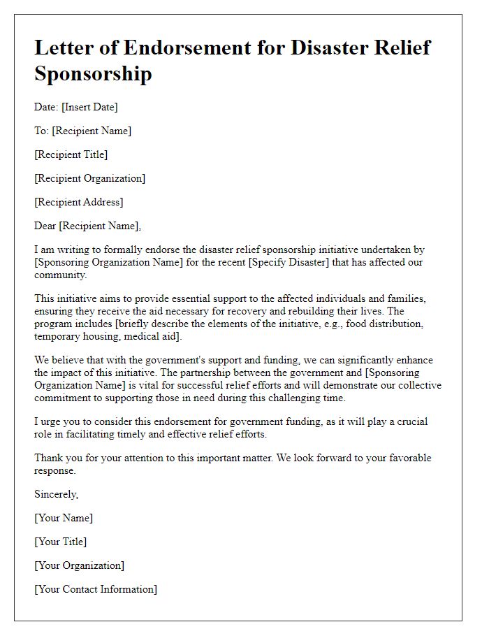 Letter template of disaster relief sponsorship endorsement for government funding.