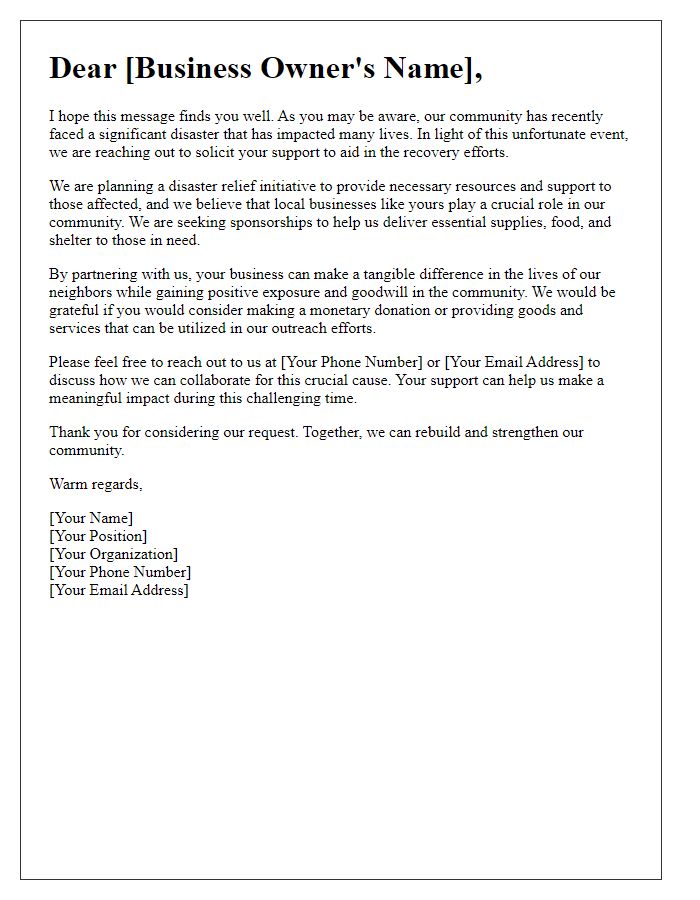 Letter template of disaster relief sponsorship outreach for local businesses.