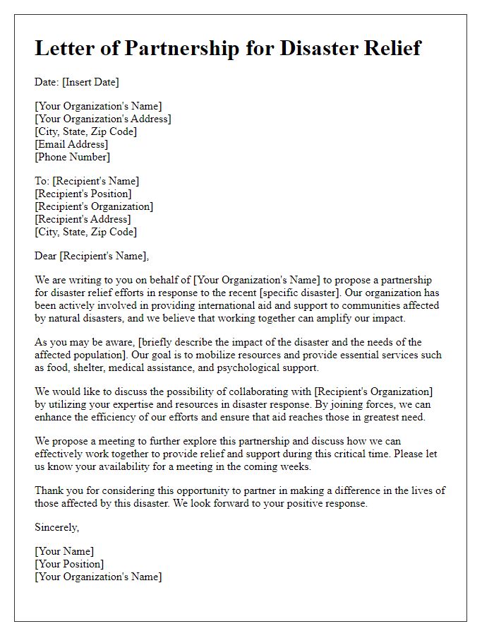 Letter template of disaster relief sponsorship partnership for international aid organizations.