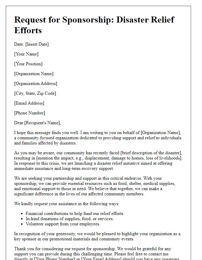 Letter template of disaster relief sponsorship request for community support.