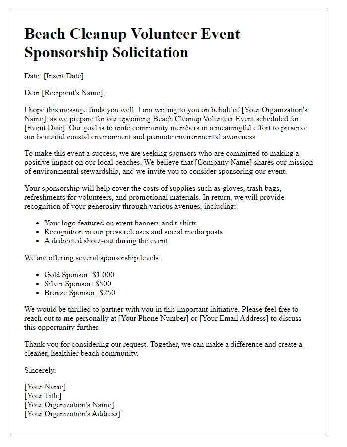 Letter template of beach cleanup volunteer event sponsorship solicitation