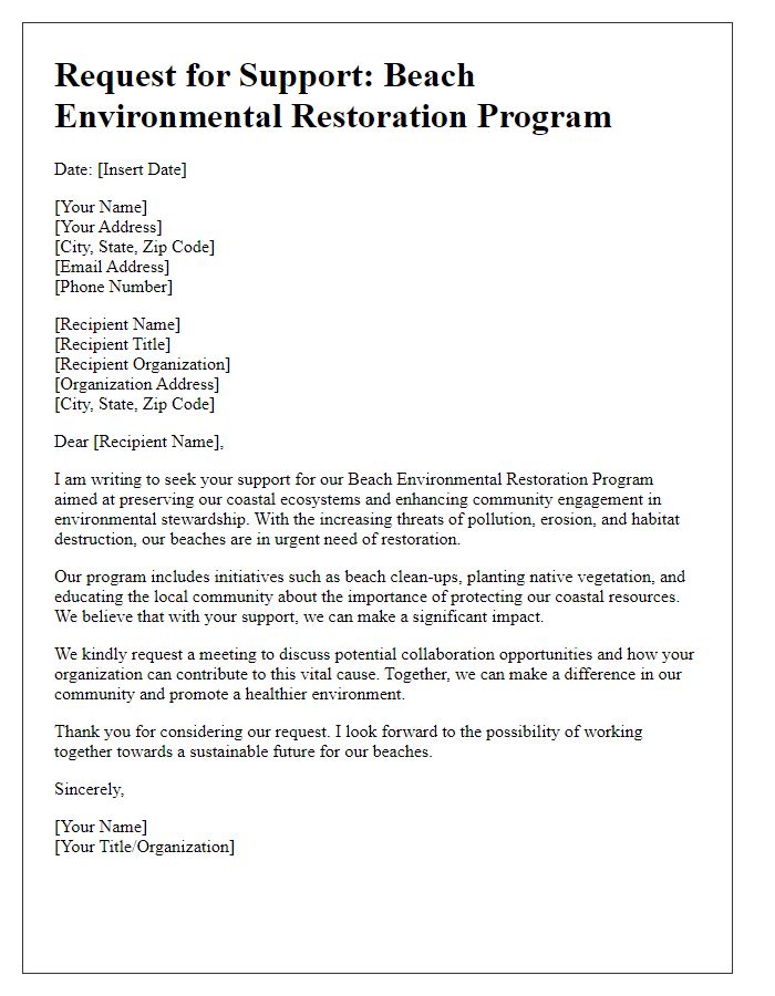 Letter template of beach environmental restoration program support request