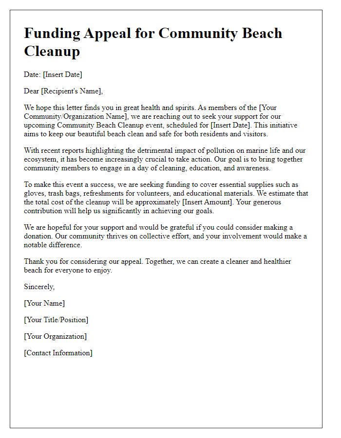 Letter template of community beach cleanup funding appeal