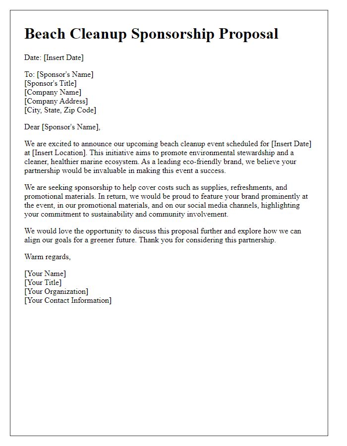 Letter template of eco-friendly brand sponsorship for beach cleanup