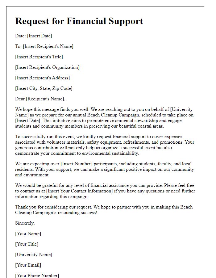 Letter template of university beach cleanup campaign financial support request