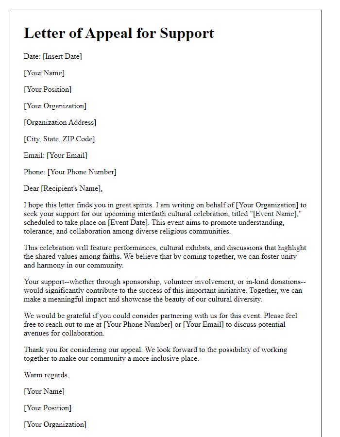 Letter template of appeal for support for an interfaith cultural celebration