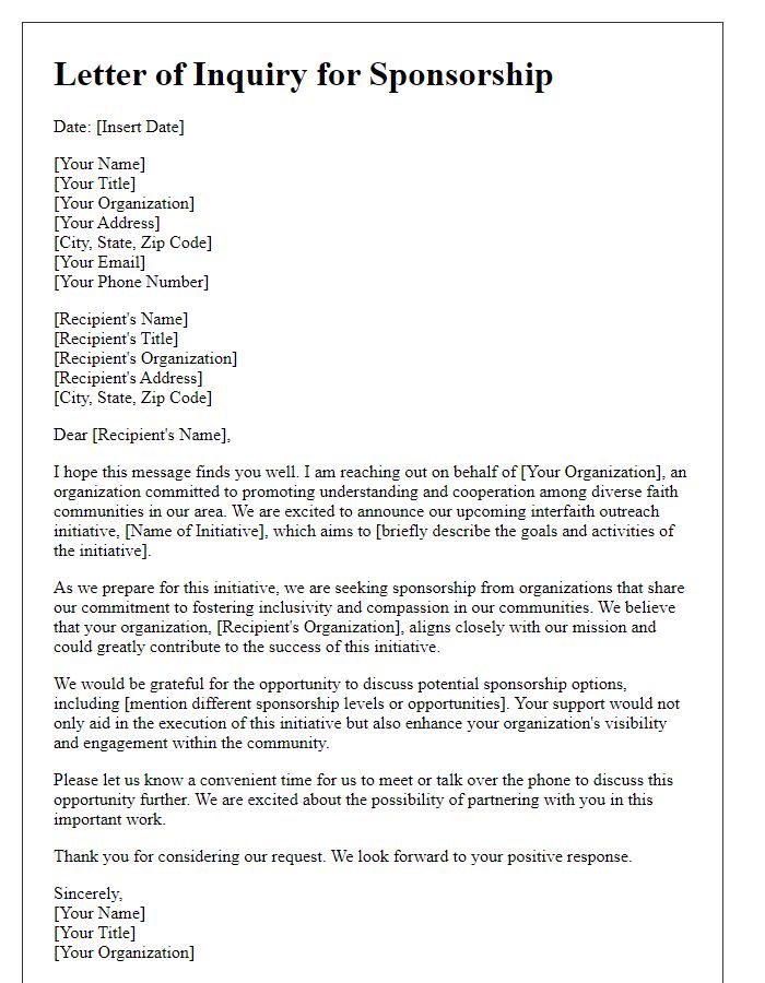 Letter template of inquiry for sponsorship for an interfaith outreach initiative