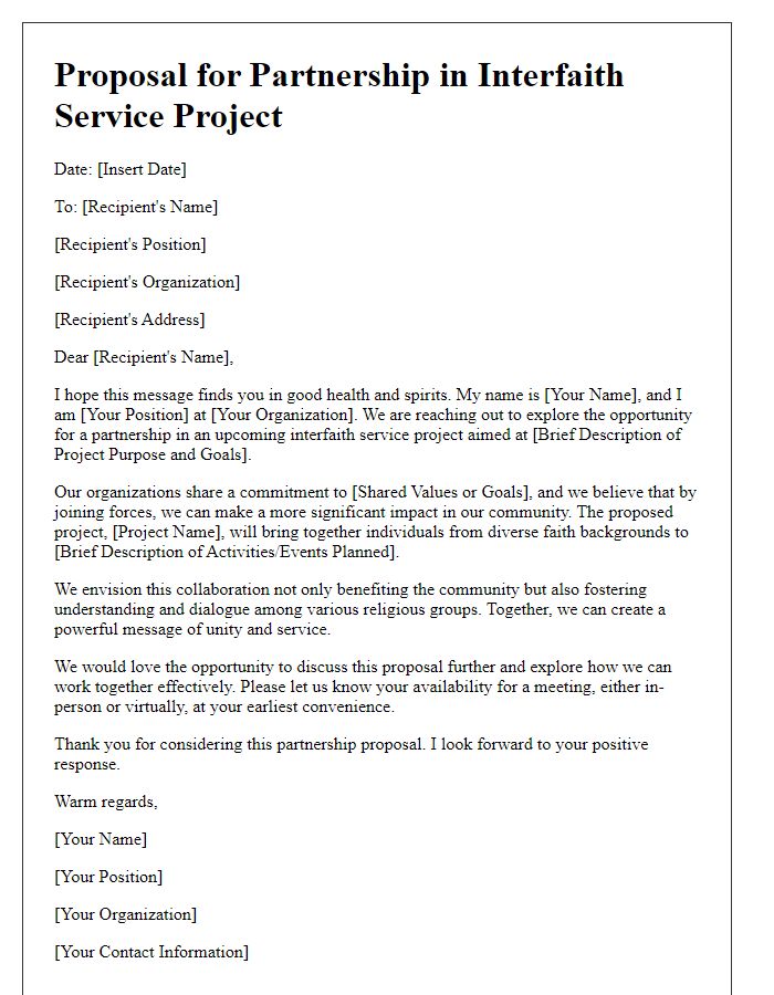 Letter template of proposal for partnership in an interfaith service project