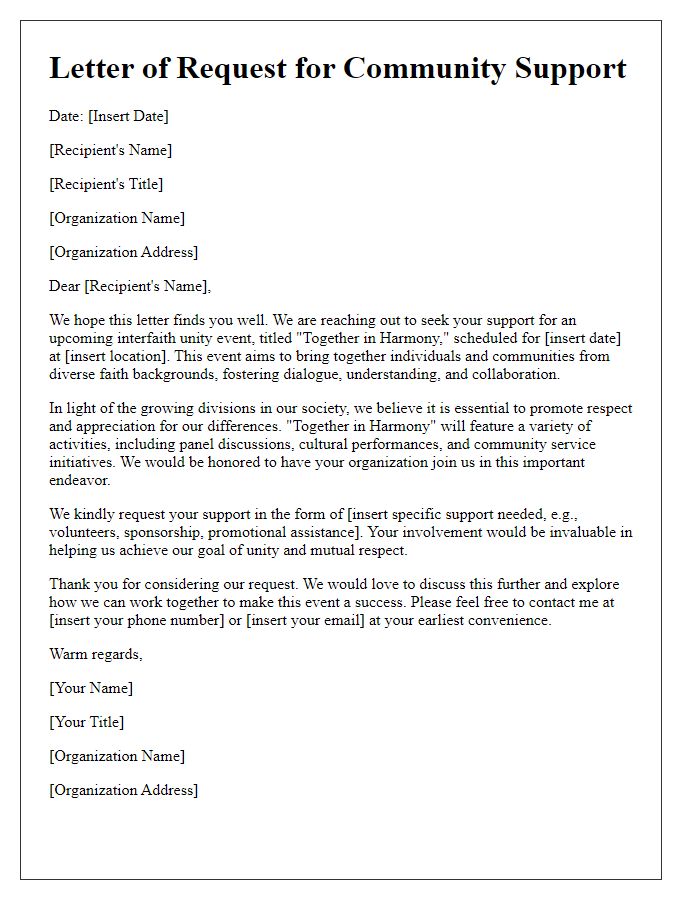 Letter template of request for community support for an interfaith unity event