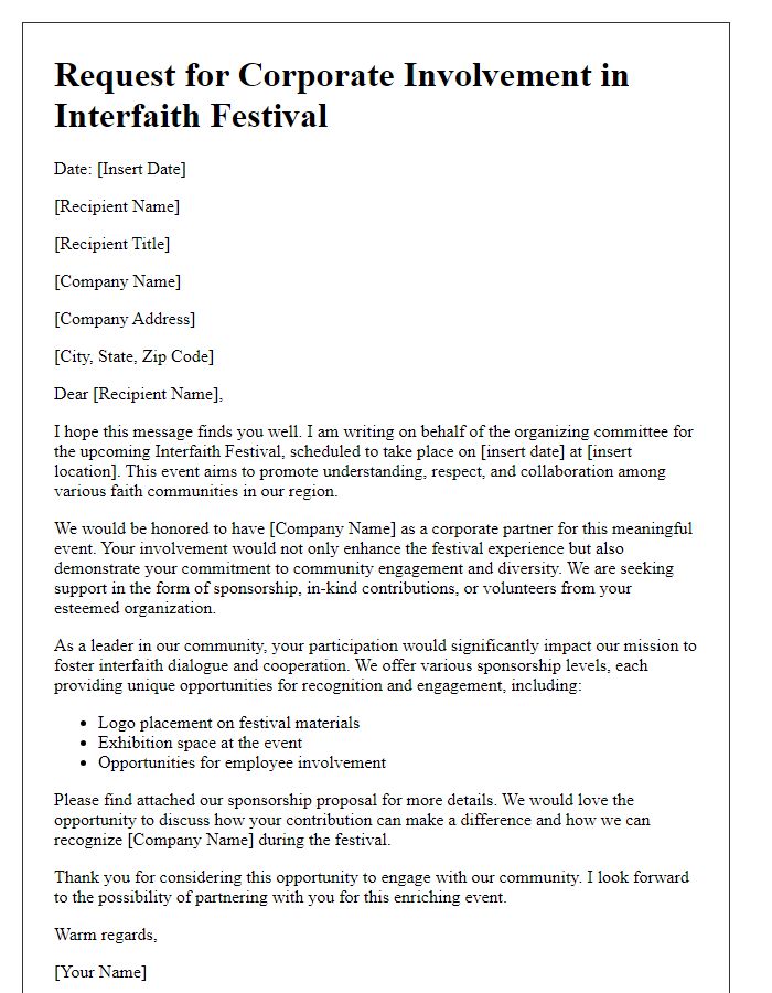 Letter template of request for corporate involvement in an interfaith festival