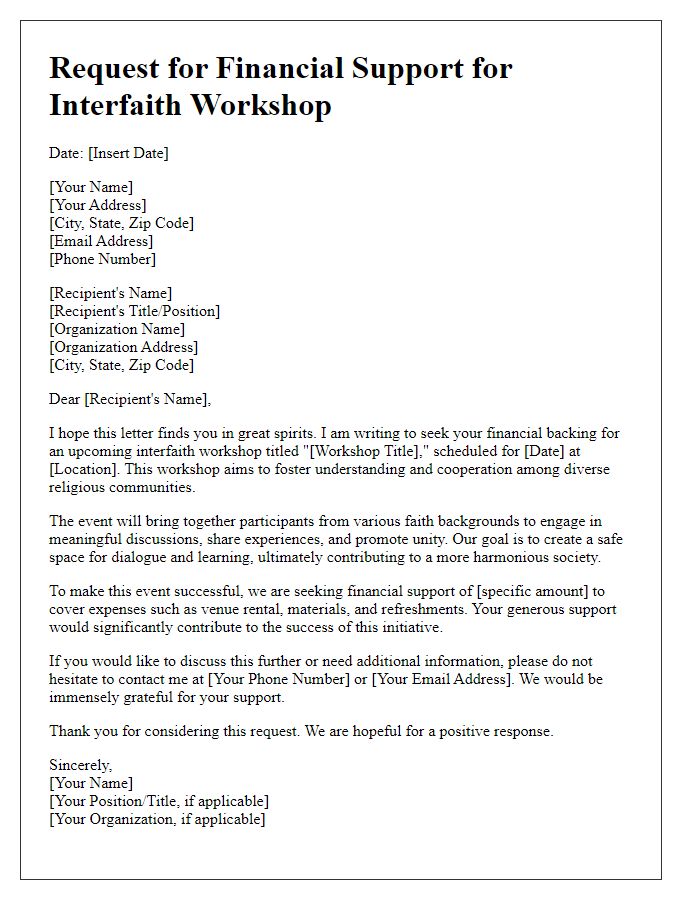 Letter template of request for financial backing for an interfaith workshop