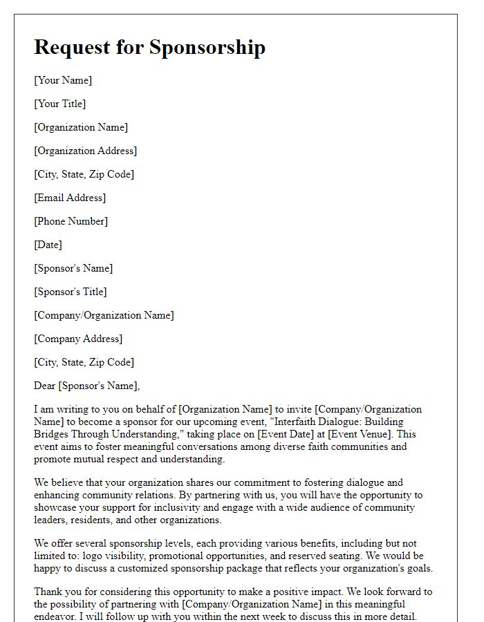 Letter template of request for sponsorship for an interfaith dialogue event