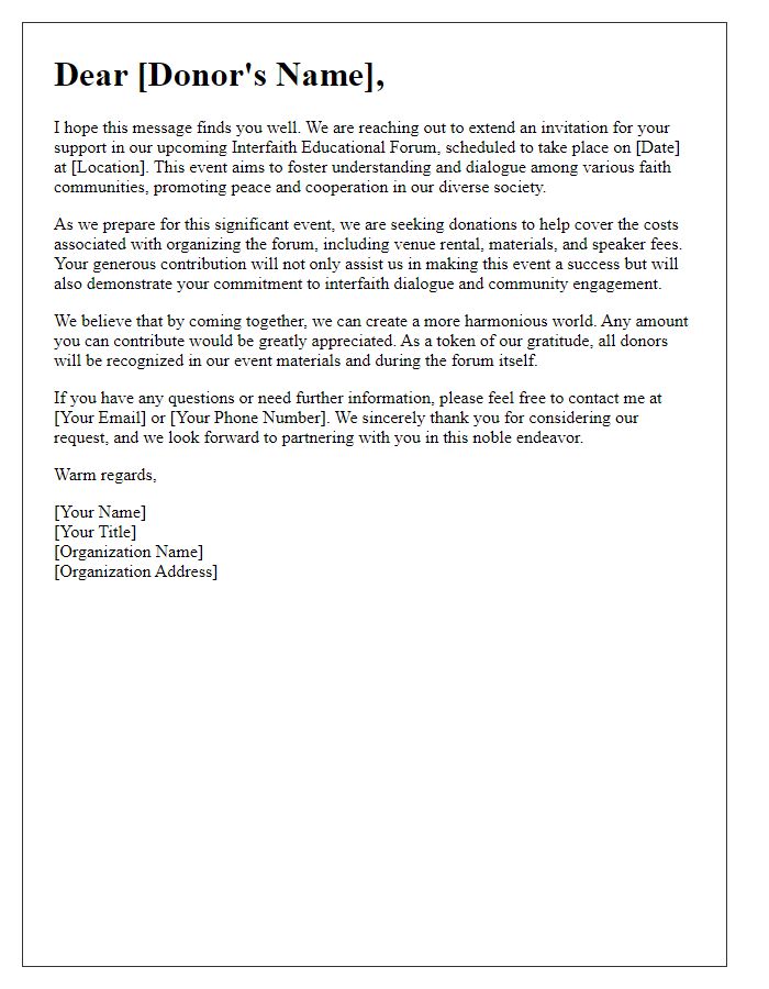 Letter template of solicitation for donations for an interfaith educational forum