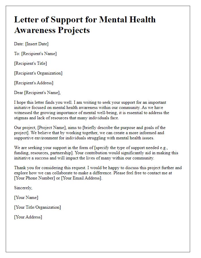 Letter template of community support ask for mental health awareness projects.