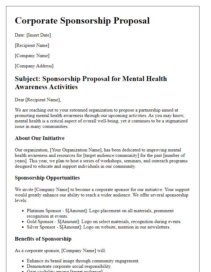 Letter template of corporate sponsorship proposal for mental health awareness activities.