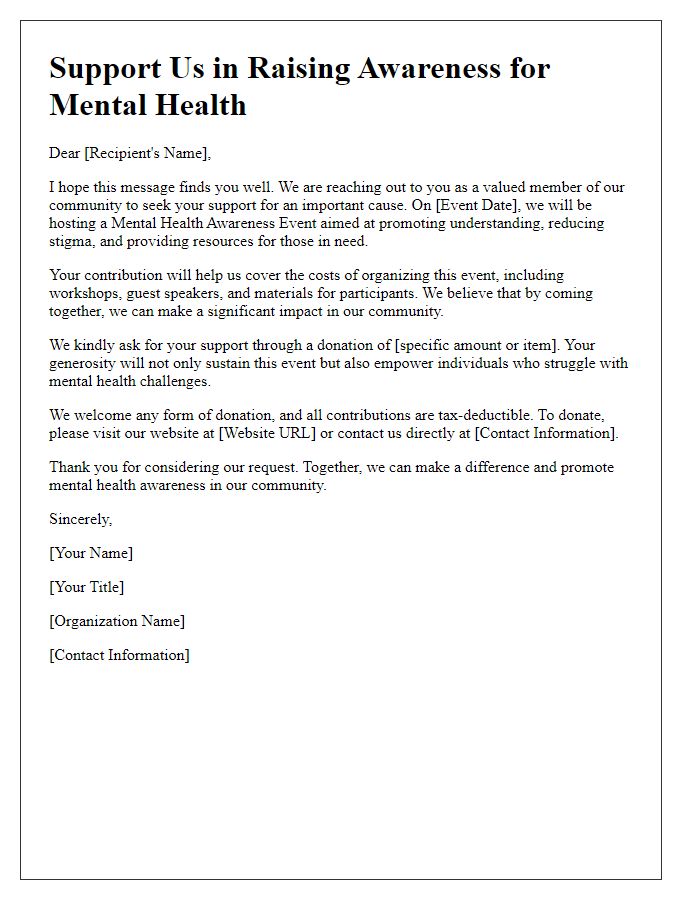 Letter template of donation solicitation for mental health awareness event.