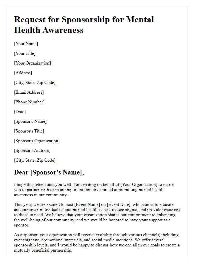 Letter template of engagement outreach for mental health awareness sponsorship opportunities.