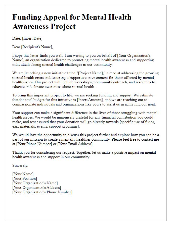 Letter template of funding appeal for mental health awareness project.