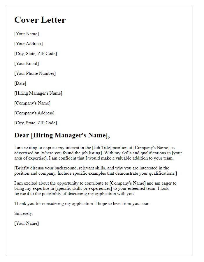 Letter template of cover letter for job application