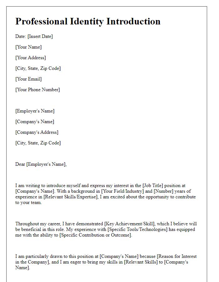 Letter template of professional identity introduction for job applications