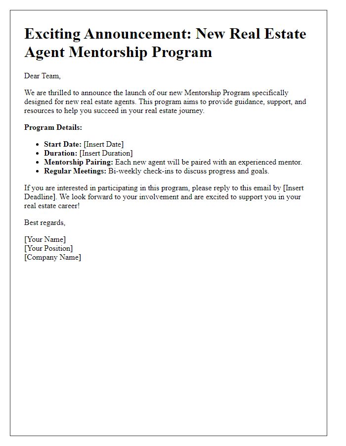 Letter template of announcement for new real estate agent mentorship program