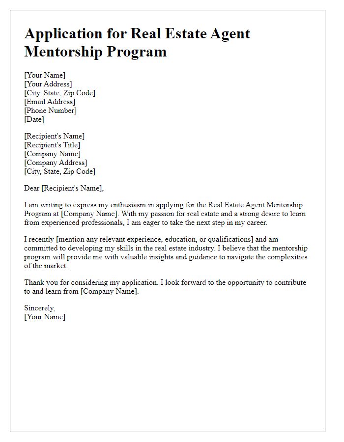 Letter template of application for the real estate agent mentorship program