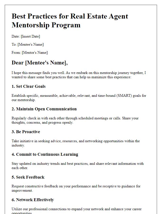 Letter template of best practices in the real estate agent mentorship program