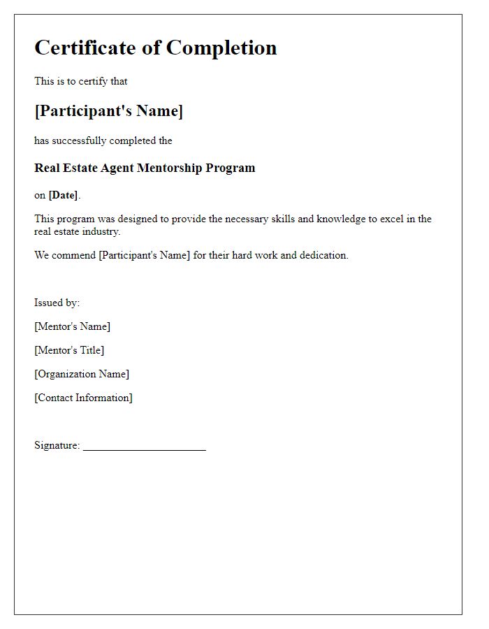 Letter template of completion certificate for real estate agent mentorship program