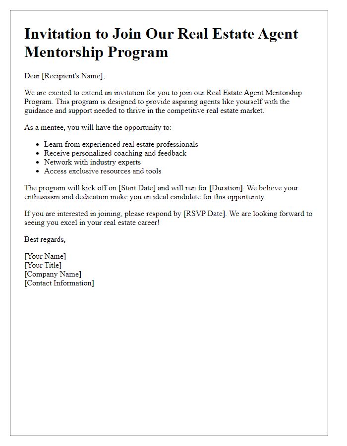 Letter template of invitation to join the real estate agent mentorship program