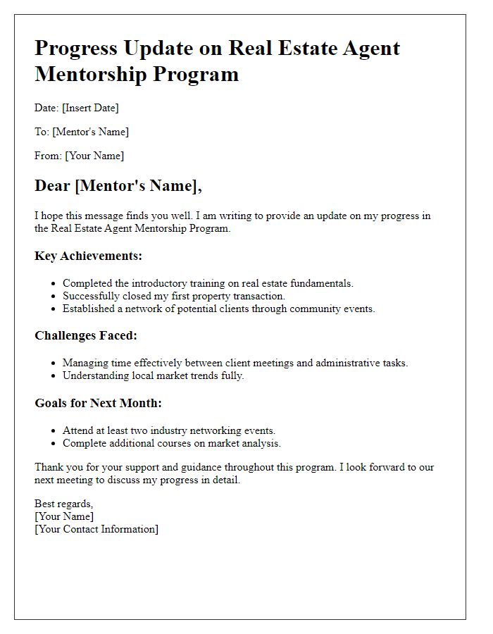 Letter template of progress update in the real estate agent mentorship program