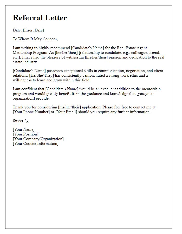 Letter template of referral for the real estate agent mentorship program