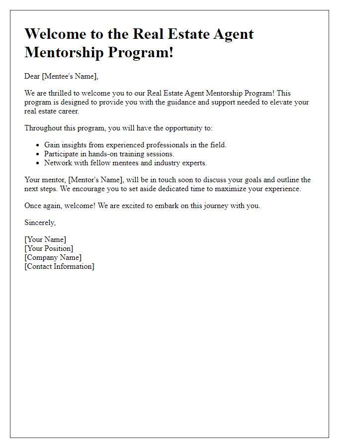 Letter template of welcome to the real estate agent mentorship program