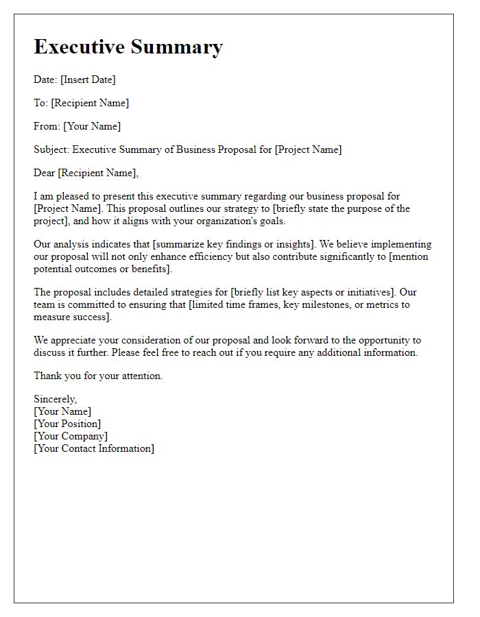 Letter template of an executive summary for a business proposal