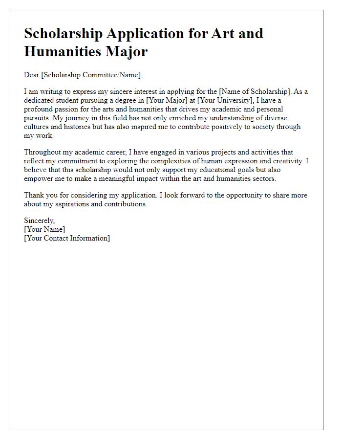 Letter template of scholarship application introduction for art and humanities majors.