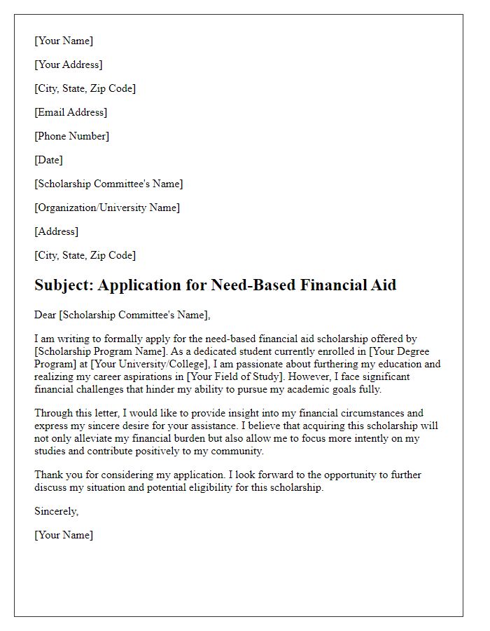 Letter template of scholarship application introduction for need-based financial aid.