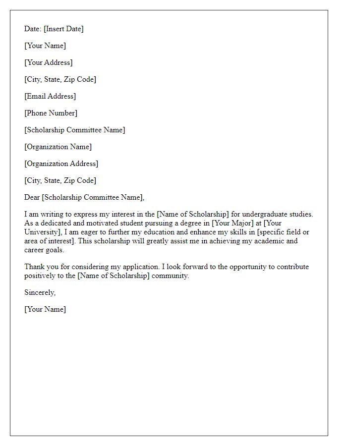 Letter template of scholarship application introduction for undergraduate students.