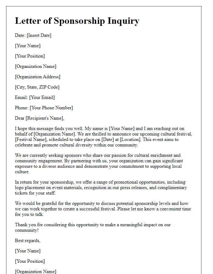 Letter template of sponsorship inquiry for a cultural festival.