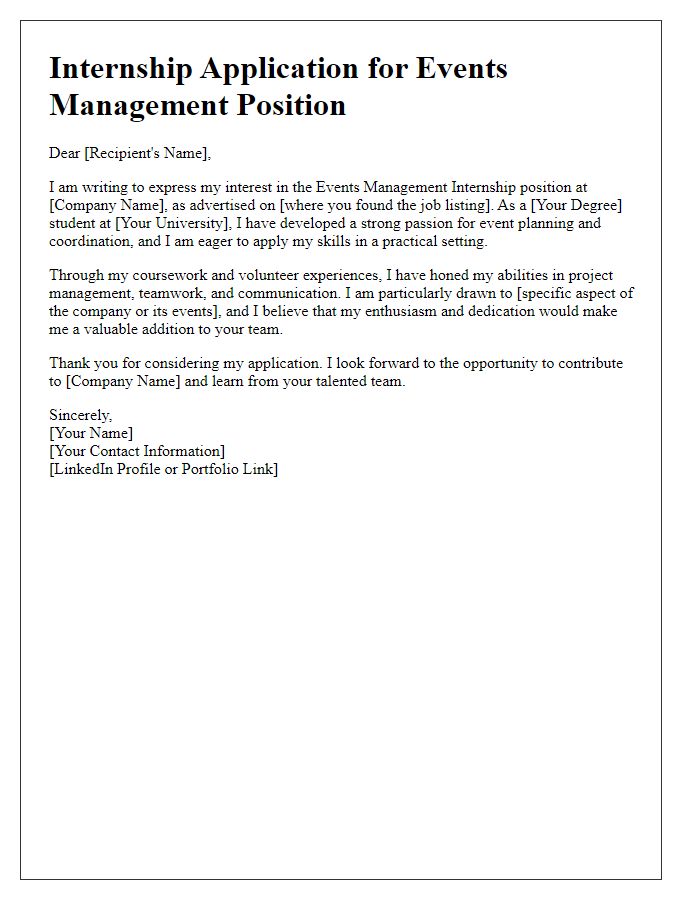 Letter template of internship application introduction for events management position