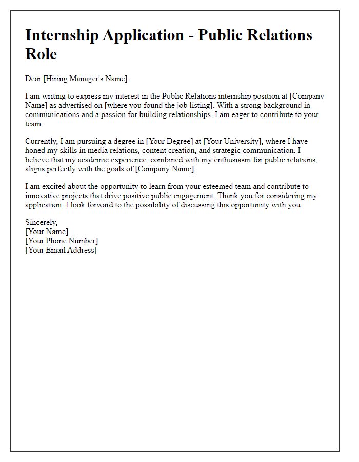 Letter template of internship application introduction for public relations role