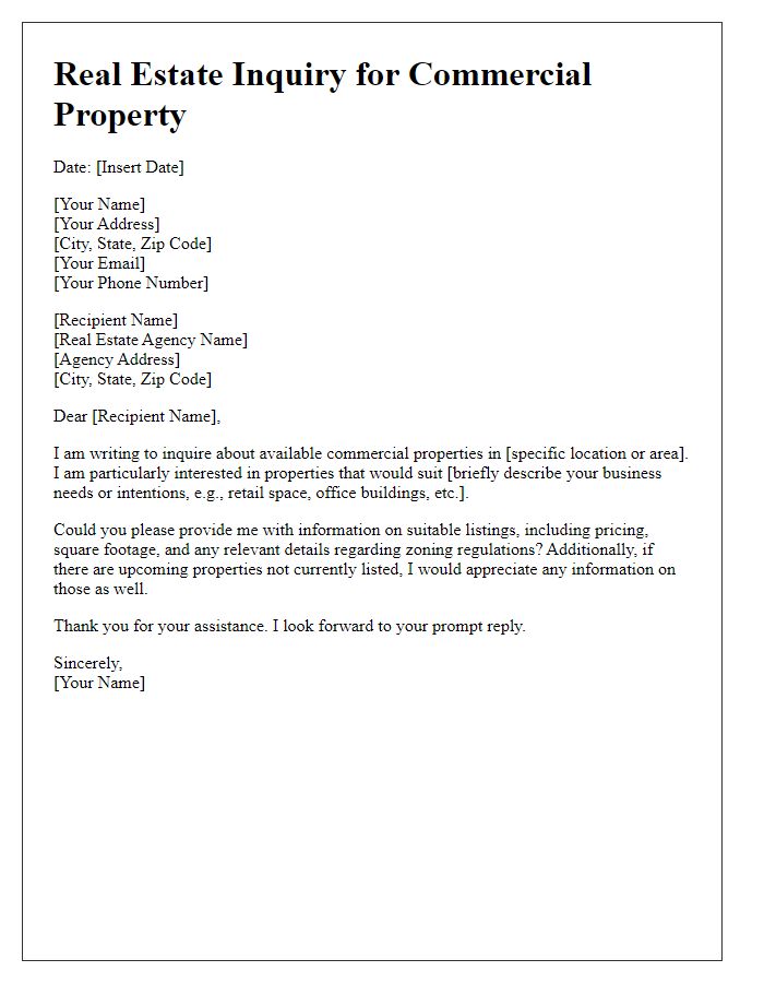 Letter template of real estate inquiry for commercial property