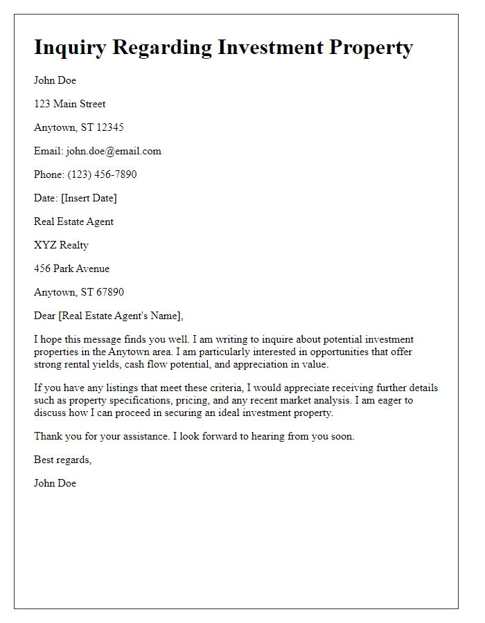 Letter template of real estate inquiry for investment property