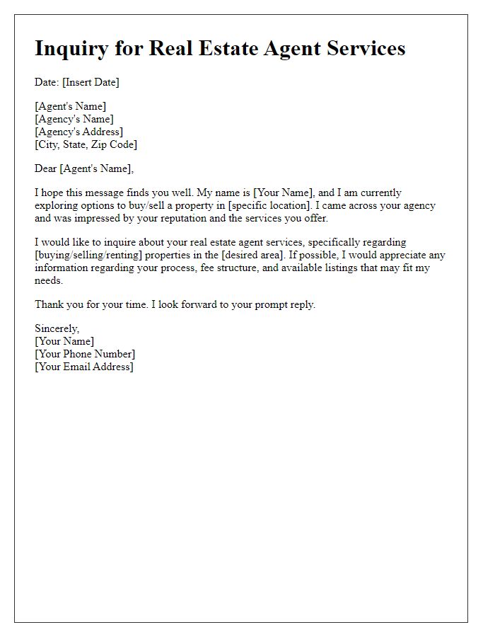 Letter template of real estate inquiry for real estate agent services