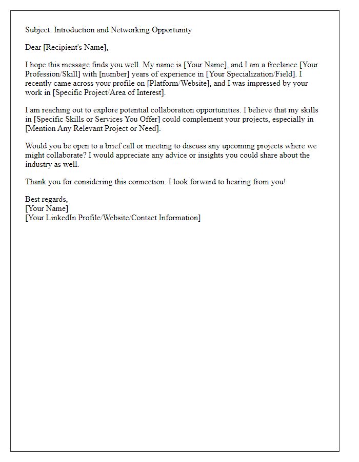 Letter template of professional networking introduction for freelance opportunities.