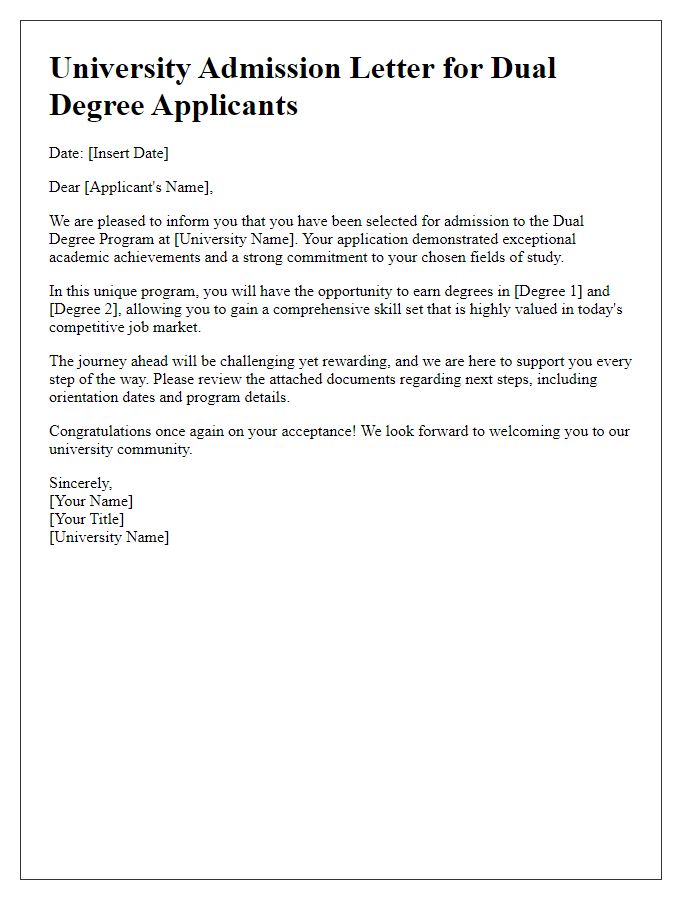 Letter template of University Admission Introduction for Dual Degree Applicants