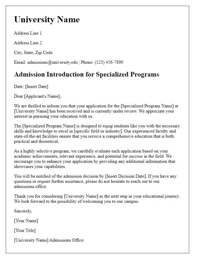 Letter template of University Admission Introduction for Specialized Programs