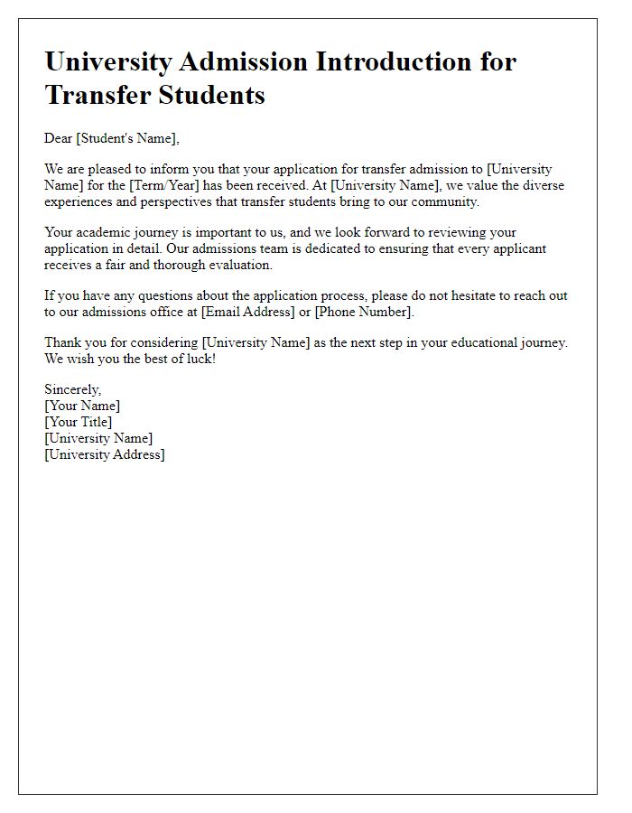 Letter template of University Admission Introduction for Transfer Students